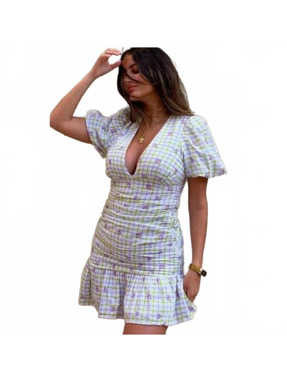 Zara Plaid Puff Bubble Sleeve Ruched Sides Mini Dress Size Medium